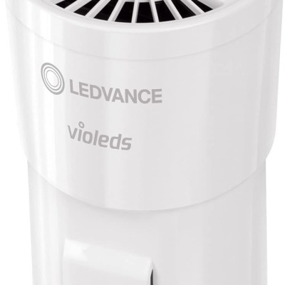 Dispositivo branco cilíndrico com ventilação e botão, texto LEDVANCE e violeds