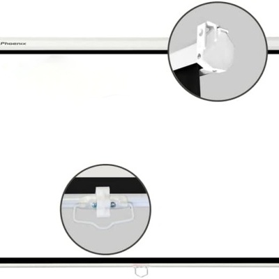 Ecrã de projeção branco montado na parede com detalhes dos suportes