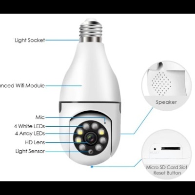 Lâmpada branca com módulo Wi-Fi, LEDs e lente, vista com anotações de componentes