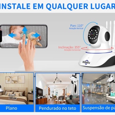 Câmara de segurança branca com antenas, funcionalidades de rotação e opções de instalação