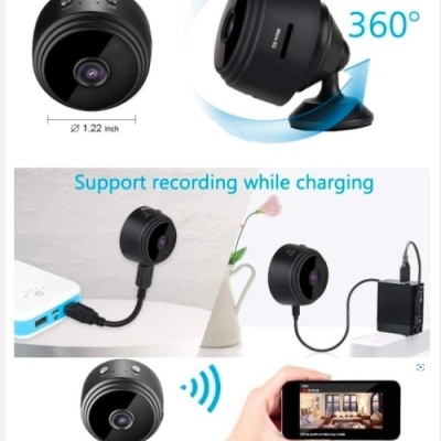 Câmara WiFi/IP Mini preta com suporte rotativo 360º e gravação HD 1080P