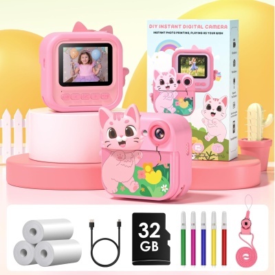 Câmara digital instantânea rosa em forma de gato com acessórios e embalagem