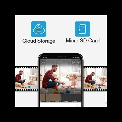 Ecrã de smartphone com vídeo de pai e filho, ícones de armazenamento em nuvem e cartão micro SD