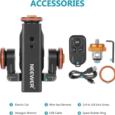 Conjunto de acessórios NEEWER com suporte preto laranja, comando remoto, parafuso, chave, cabo USB e anel de borracha
