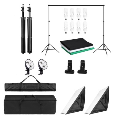 conjunto de equipamento de iluminação para fotografia com tripés, lâmpadas, fundos de tecido e softboxes