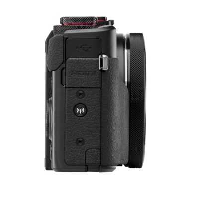 Câmara fotográfica digital compacta preta vista de lado