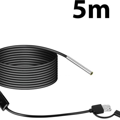 Câmara endoscópica preta com cabo enrolado e conectores USB