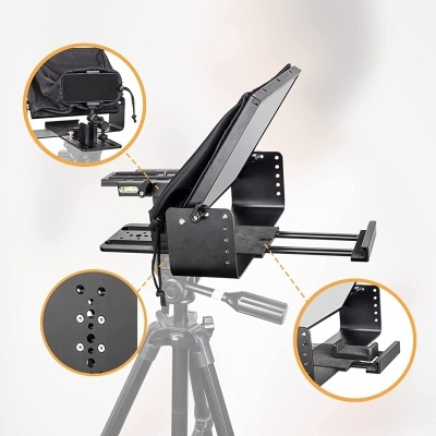 Suporte metálico preto montado num tripé com texto Easy Assembly, Wide Application