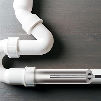 Tubos de PVC brancos para canalização com seção transparente mostrando tubo metálico interno