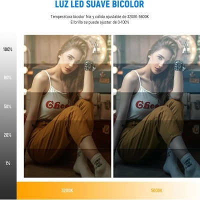 Mulher sentada com luz LED bicolor e níveis de brilho ajustáveis