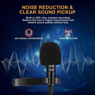 Microfone preto com espuma e clipe em fundo azul com ondas de som e texto explicativo