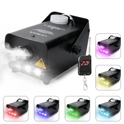 Máquina de fumo preta com LEDs coloridos e comando remoto