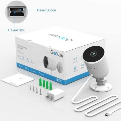 Câmara de segurança WiFi branca com acessórios e caixa