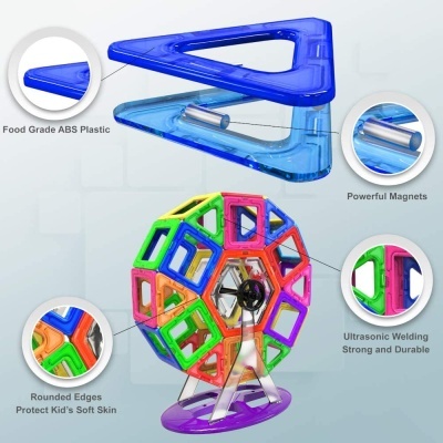 Brinquedos magnéticos coloridos em plástico ABS com características detalhadas.