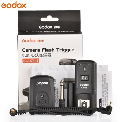 Disparador de flash Godox CT-16 com emissor, recetor, cabo e embalagem