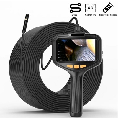 Câmara endoscópica preta com cabo e ecrã a mostrar imagem