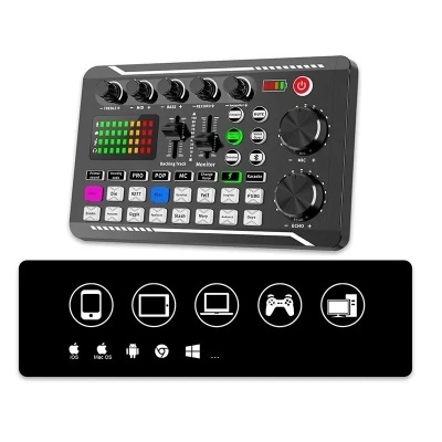 Mesa de mistura de áudio preta com botões e indicadores LED em fundo branco