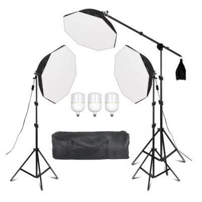 Conjunto de iluminação de estúdio com softboxes, lâmpadas LED, tripés e bolsa preta