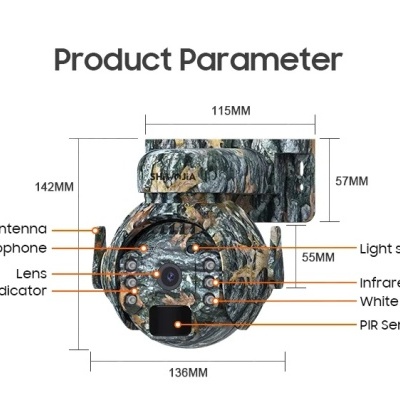 Câmara de segurança com dimensões e componentes técnicos destacados