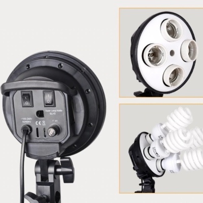 Conjunto de luzes para estúdio com base preta e quatro lâmpadas espirais branquelas