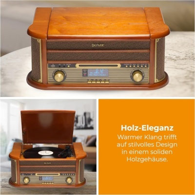 Aparelho de som vintage DENVER em madeira castanha com botões dourados e rádio digital