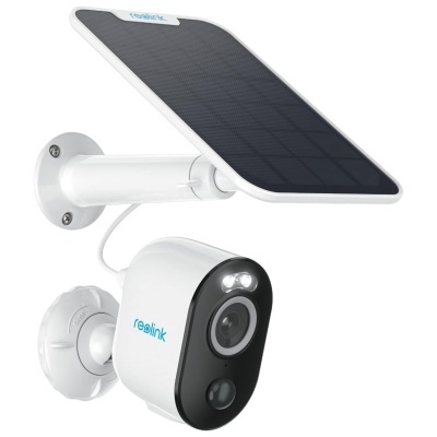 Câmara de segurança branca Reolink com painel solar e suporte de parede