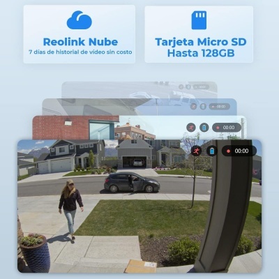 Interface de videovigilância com texto promocional sobre Reolink Nube e cartão micro SD