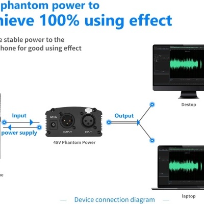 Diagrama de conexão de microfone com phantom power 48V a um desktop e um laptop