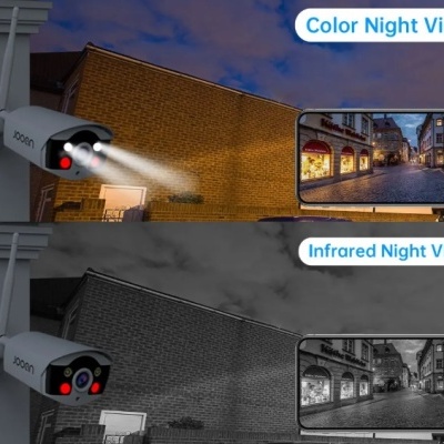 Câmara de segurança a mostrar visão noturna em cor e infravermelhos