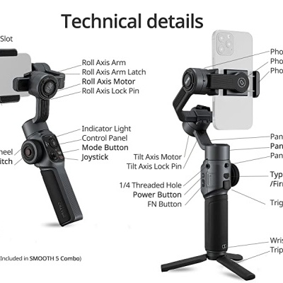 Estabilizador portátil para smartphone com várias funções de controlo e suporte para tripé