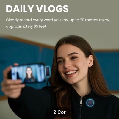 Mulher a tirar selfie com microfone na jaqueta e texto DAILY VLOGS no fundo