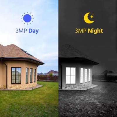 Casa sob diferentes condições de iluminação com texto 3MP Day e 3MP Night