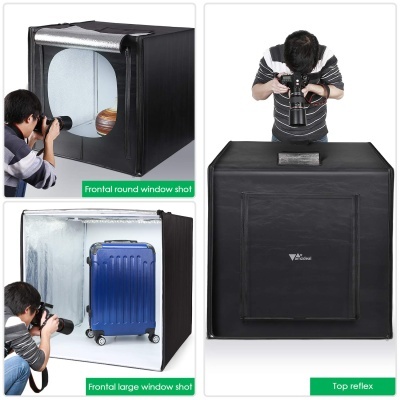 Cubos fotográficos pretos com janelas frontais para fotografia de produtos em estúdio