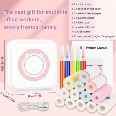 Mini impressora portátil branca e rosa com canetas coloridas, vários rolos de papel de impressão, cabo USB e manual