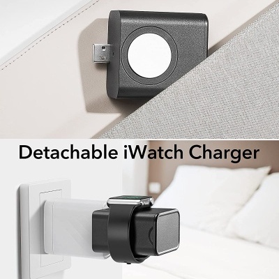 Carregador destacável preto para iWatch com conector USB e texto explicativo
