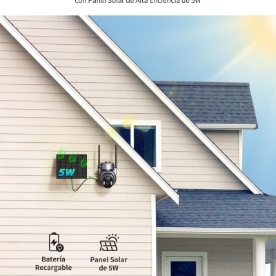 Câmara de segurança na parede e painel solar com texto 5W