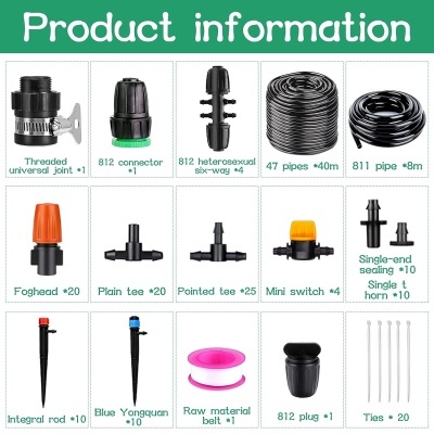 Kit variado de acessórios e tubos para irrigação com texto Product information