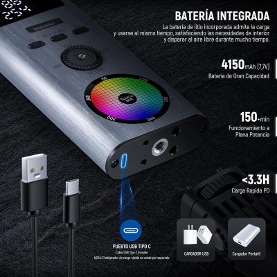 Dispositivo metálico cinzento com luz circular colorida e cabo USB tipo C