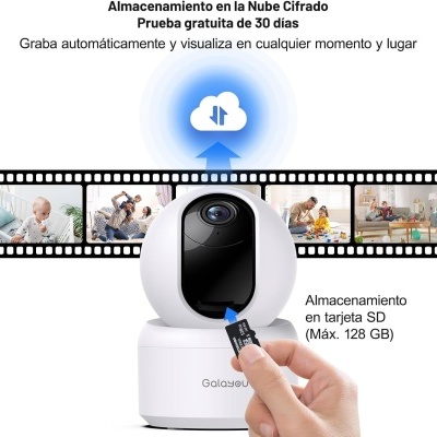 Câmara de videovigilância branca com inserção de cartão SD e texto em espanhol sobre armazenamento em nuvem