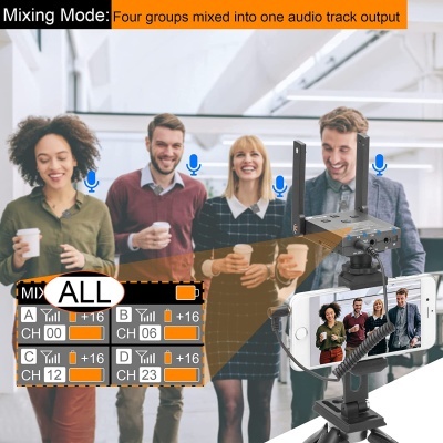 Quatro pessoas em escritório moderno, dispositivo áudio e smartphone em tripé capturando a cena