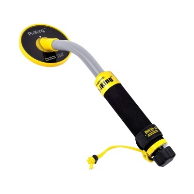 Detector de metais portátil azul e amarelo com pega acolchoada preta