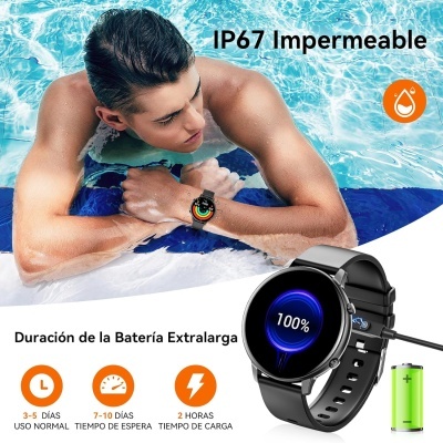 Relógio inteligente preto redondo com ecrã colorido na piscina, texto IP67 Impermeable e ícones de bateria