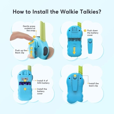 Manual de instalação de pilhas em walkie talkies azuis com antena verde