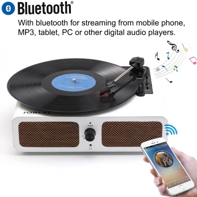 gira-discos branco JOHN com vinil preto e controle por smartphone via Bluetooth