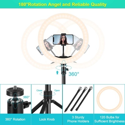 Anel de luz LED com suporte preto e texto técnico sobre rotação e características