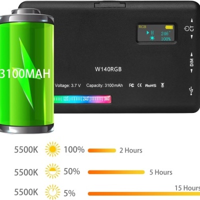 Dispositivo eletrônico preto com bateria digital verde e informações sobre capacidade e duração