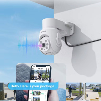 Câmara de vigilância branca ZOSI com áudio unidirecional instalada numa parede e telemóvel com vídeo de segurança