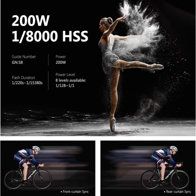 Publicidade de equipamento fotográfico com bailarina e ciclista em fundo preto e texto técnico.