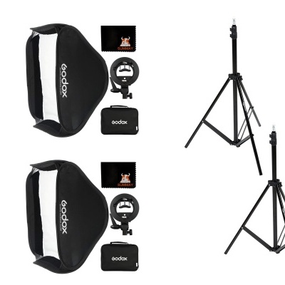 Conjunto de iluminação fotográfica Godox com softboxes, adaptadores, bolsas e tripés