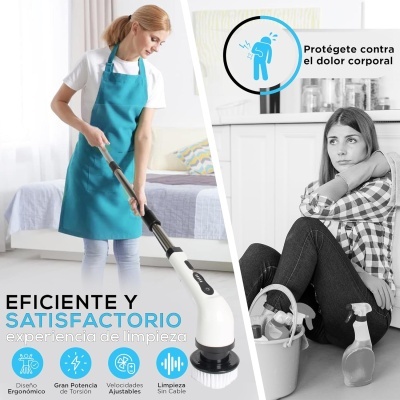 Mulher a limpar com escova elétrica e mulher sentada com texto em espanhol e ícones promocionais